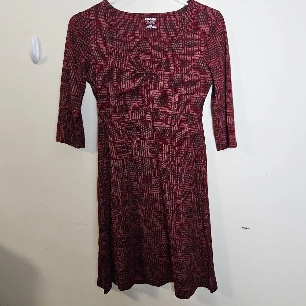 Toad & Co Womens Rosalinda Dress Medium Red Printed Samba Knit Stretch V-Neck XS